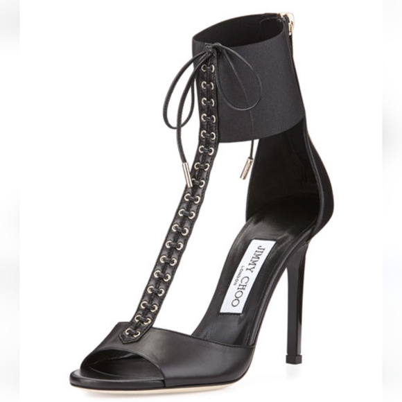 Jimmy Choo Mahine Lace-Up T-Strap Sandal, Black EU 37.5/US 7.5 - Picture 2 of 16